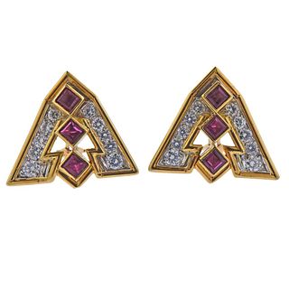 Emis 18k Gold Ruby Diamond Triangle Earrings 