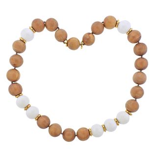 Trianon 18k Gold Wood White Agate Bead Necklace