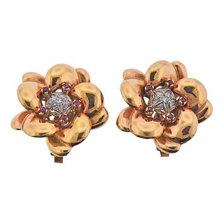 Retro 14k Rose Gold Diamond Ruby Flower Earrings 