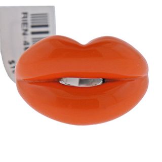 Solange Azagury Partridge Orange Enamel Silver Lips Ring 
