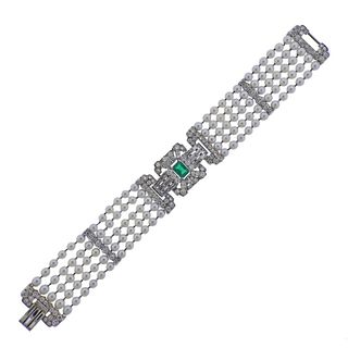 Platinum Diamond Emerald Pearl Bracelet 