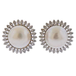 Large 18k Gold Mabe Pearl Diamond Earrings