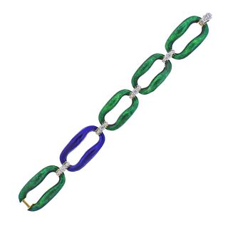 Carvin French 18k Gold Diamond Blue Green Enamel Link Bracelet