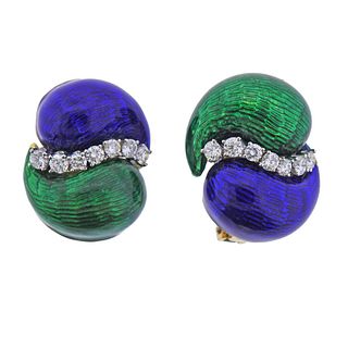 Carvin French 18k Gold Diamond Blue Green Enamel Earrings 