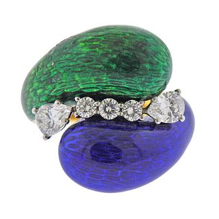 Carvin French 18k Gold Diamond Blue Green Enamel Ring