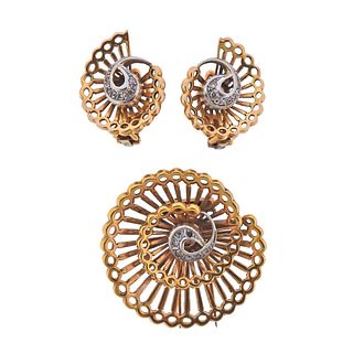 1960s 18k Gold Diamond Swirl Earrings Brooch Set