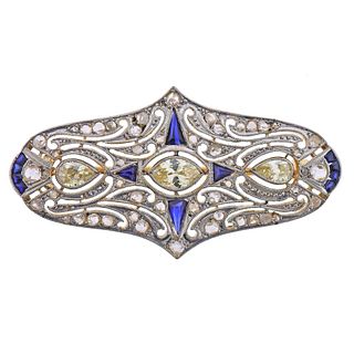 Art Deco 14k Gold Diamond Sapphire Brooch Pin