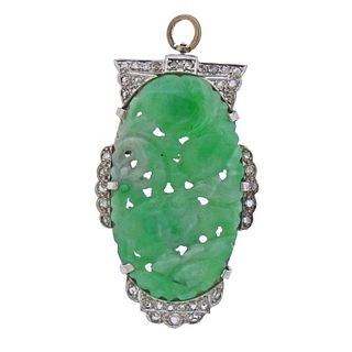 Art Deco Platinum Carved Jade Diamond Pendant Brooch 