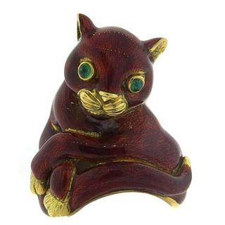 Whimsical Large David Webb Red Enamel Emerald Gold Cat Ring