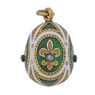 Faberge Mikhael Perchin Antique 18k Gold Guilloche Enamel Diamond Egg Pendant
