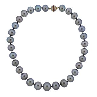 18k Gold Diamond Ruby Tahitian South Sea Pearl Necklace