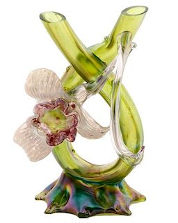 Kralik Iridescent Glass Tube Vase w/Applied Flower