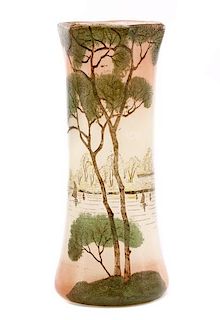 Scenic Painted Textured Glass Vase, Attr. Handel