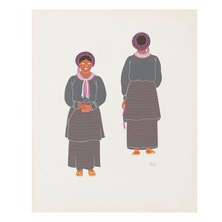 Carlos Mérida "Mixes de Oaxaca", de la carpeta Mexican Costume. 1941. Firmada en plancha. Serigrafía No. 22. Sin enmarcar. 40 x 33 cm