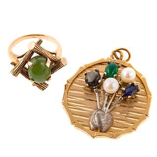 A 14K Floral Gemstone Pendant & Gold Jade Ring