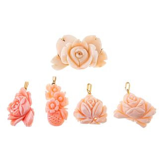 A Carved Angel Skin Coral Pin & Floral Pendants