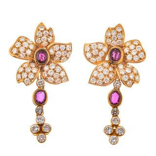A Pair of 18K Diamond & Ruby Flower Drop Earrings