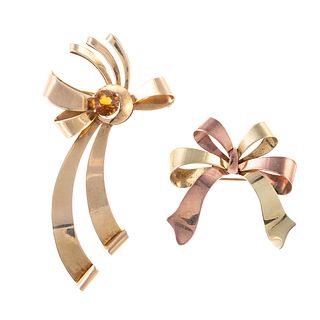 A Pair of Vintage Bow Brooches in Bi-Color Gold