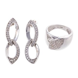 A Pair of 14K Diamond Dangle Earrings & Wide Band