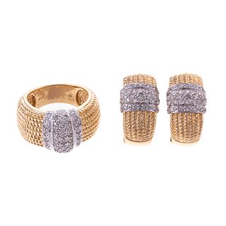 A Diamond Rope Design Ring & Earrings in 14K