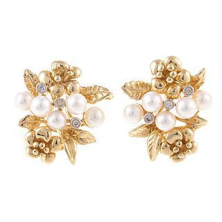 A Pair of Pearl & Diamond Floral Earrings in 14K