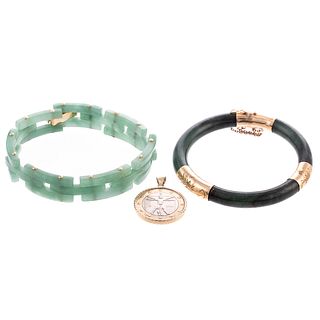 Two Jade Bracelets & Euro Pendant in 14K