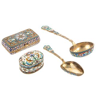 Four Russian Silver & Cloisonne Enamel Objects