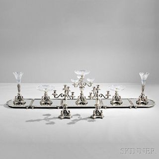 Twelve-piece Egyptian Revival Silver-plate and Cut Glass Surtout de Table Service