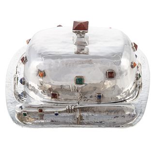 Mexican Inlaid Sterling Covered Butter Dish
