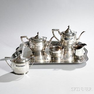 Five-piece Graff, Washbourne & Dunn Sterling Silver Tea and Coffee Service and   Associated Silver-plate Tray