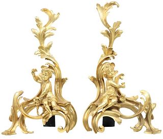 Pair of Antique French Gilt Bronze Chenets