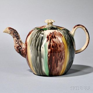 Staffordshire Tortoiseshell-glazed Creamware Teapot and Cover