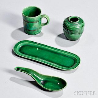 Four Staffordshire Green-glazed Earthenware Items