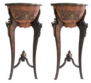 French Style Inlaid Large Wood & Brass Pedestals
