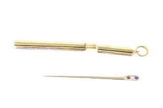 14K Gold and Diamond Tooth Pick and Case 4.9 dwt.