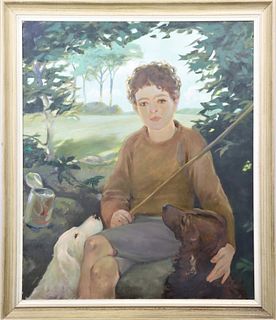 Portrait of Boy with Dogs, Oil on Canvas