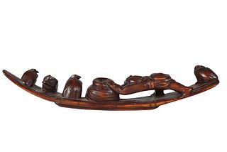 Chinese Finely Carved Boxwood Fishing Boat