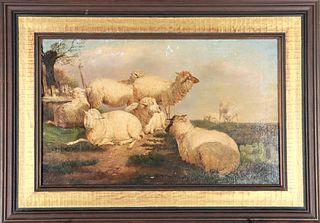 Early Pastoral Scene w Sheep, Oil on Canvas