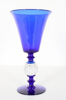 Pairpoint Pedestaled Blue Glass Vase w. Flared Rim
