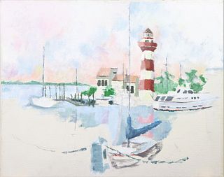 "Boats at Dock & Lighthouse" Oil on Canvas