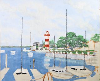 "Boats at Dock & Lighthouse" Oil on Canvas