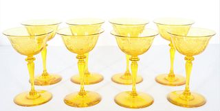 Set of (8) Bristol Yellow Engraved Wine Glasses