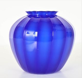 Steuben Cobalt Ribbed Art Glass Vase