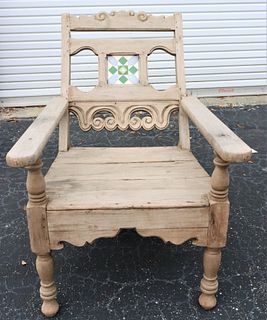 Antique Indian Carved  Wood Chair w Tile