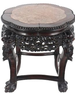 Chinese Wooden Hand Carved Table w Marble Top