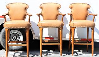 (3) High Top Carved & Leather Arm Chairs