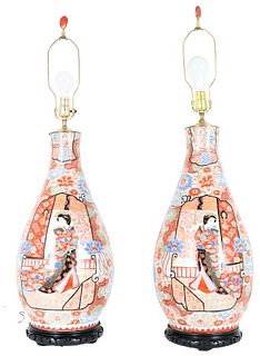 Pair of Japanese Kutani Porcelain Vase Lamps