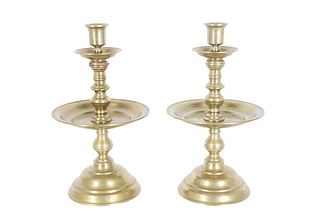 Pair of Brass Candlesticks with Drip Pans