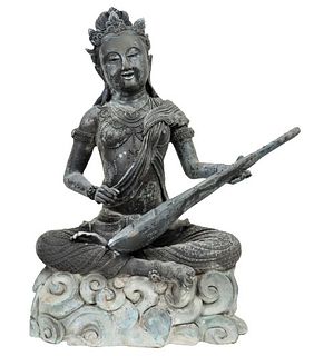 Asian Bronze Female Musician Sculpture