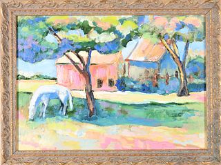 Impressionist Oil on Board, Horse & Barn